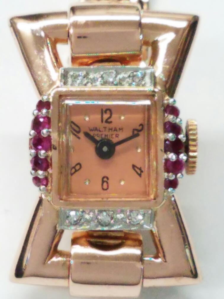 14K Rose Gold AMERICAN WALTHAM Ruby Diamond Wrist Watch Size 6