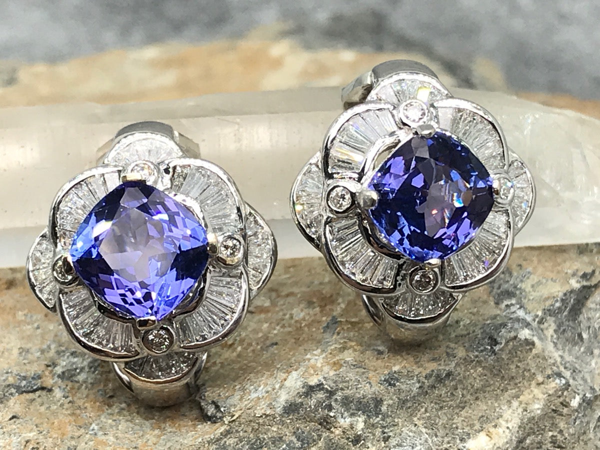 18K White Gold Tanzanite Gemstone Diamond Omega Flip Post Earrings