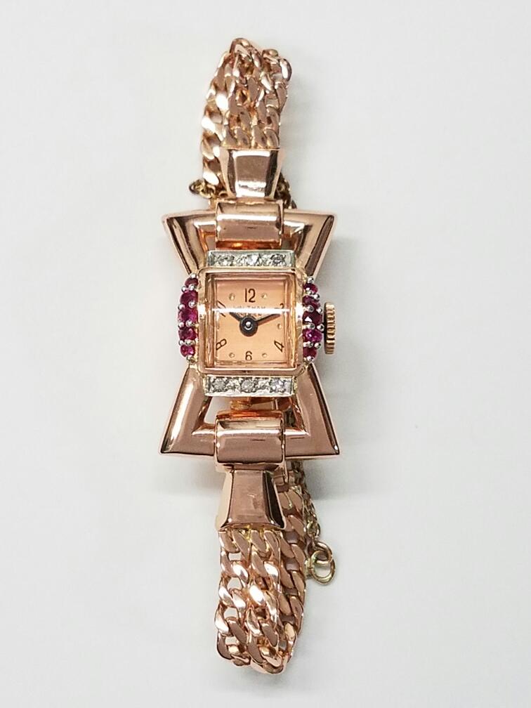 14K Rose Gold AMERICAN WALTHAM Ruby Diamond Wrist Watch Size 6