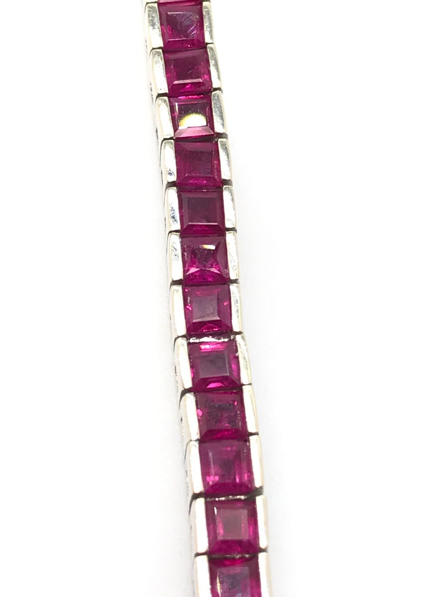18K White Gold Princess Cut Ruby Gemstone Bracelet 6.5" Long
