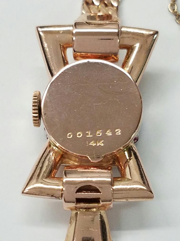 14K Rose Gold AMERICAN WALTHAM Ruby Diamond Wrist Watch Size 6