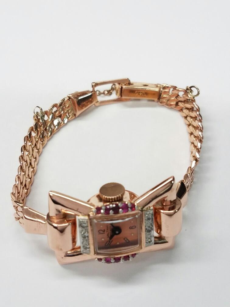 14K Rose Gold AMERICAN WALTHAM Ruby Diamond Wrist Watch Size 6