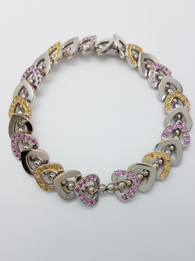 18K 2Tone Gold Pink Sapphire Gemstone And Diamond Bracelet Size 7"