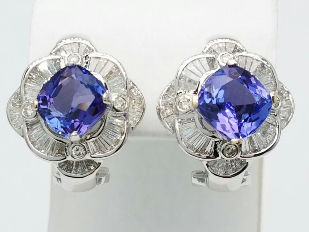 18K White Gold Tanzanite Gemstone Diamond Omega Flip Post Earrings